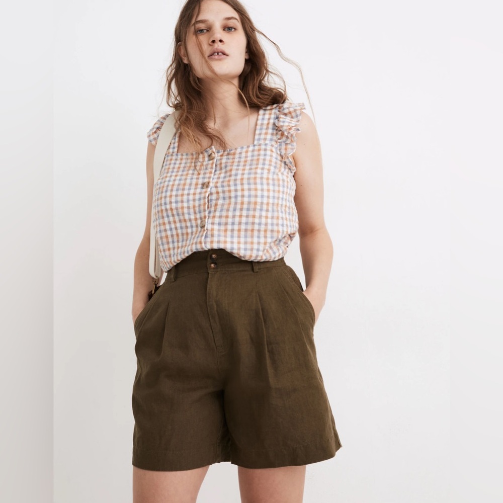 Madewell Linen Long Pleated Shorts Olive Green Size 6